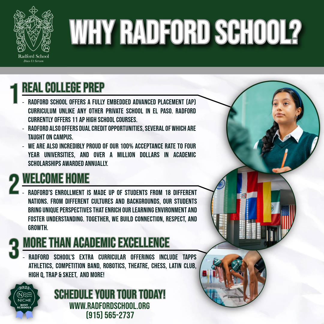 Advertisement for Radford School, highlighting college prep, welcoming atmosphere, and extracurriculars. Features photos of a student, flags, and swimmers.