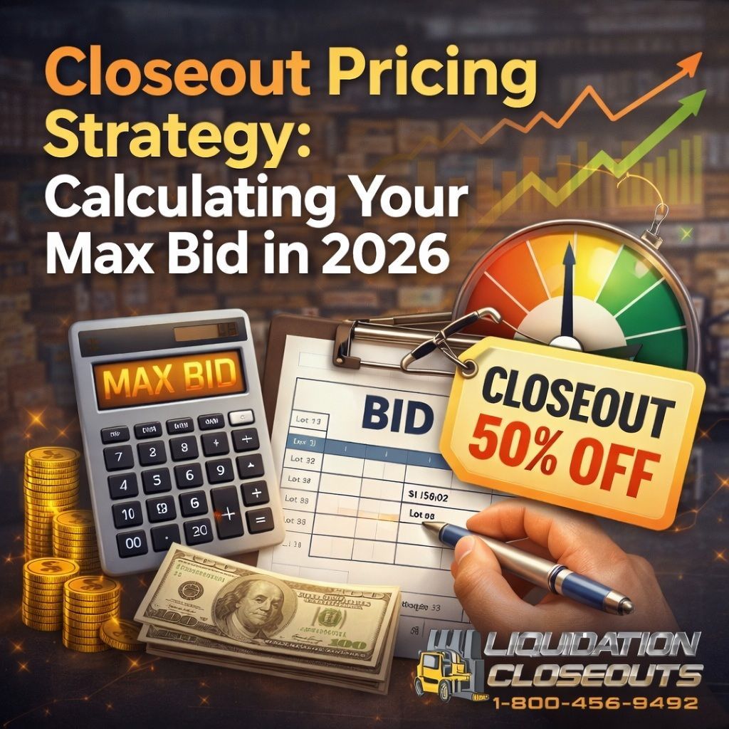 Closeout pricing strategy graphic showing calculator, max bid worksheet.