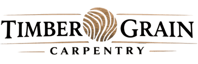 Timber Grain Carpentry logo with woodgrain circle icon and brown text on a white background