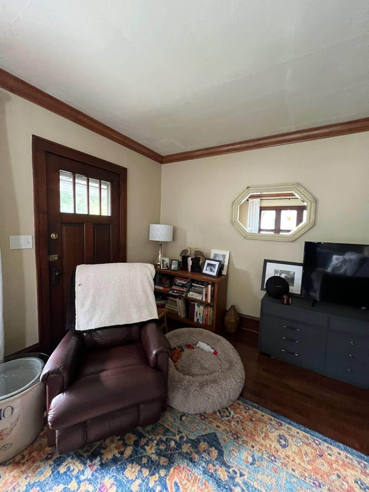 Living room with brown leather chair, ottoman, TV stand, wood door, and blue patterned rug