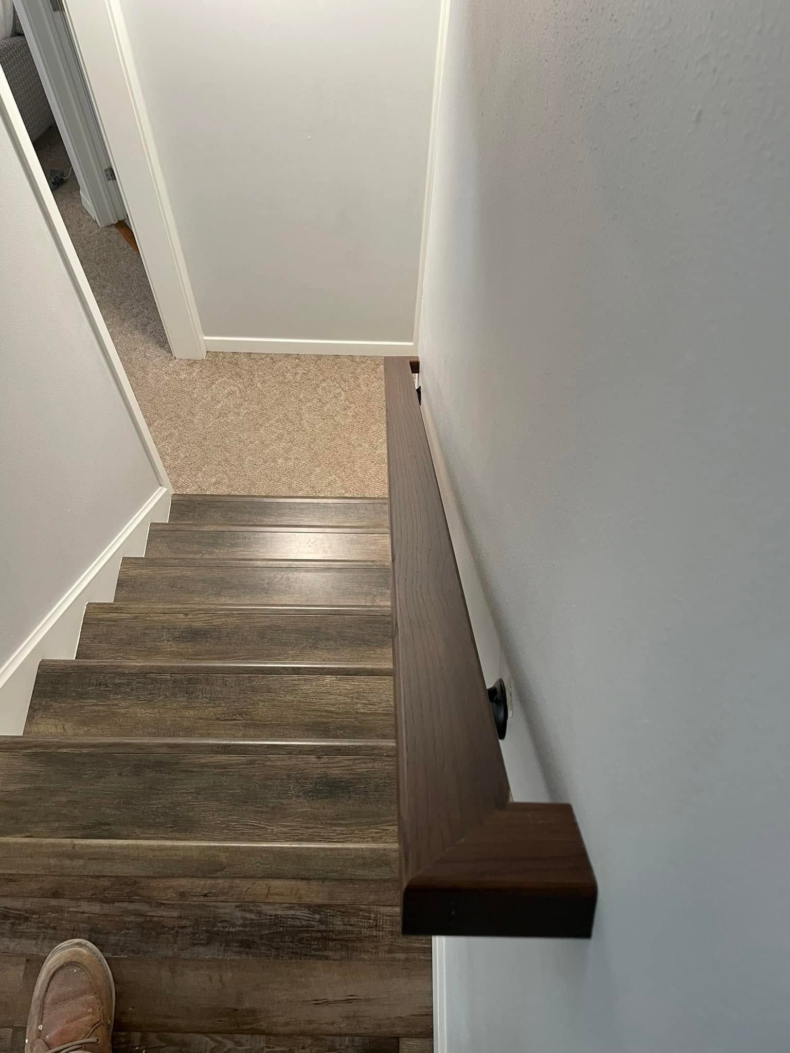 Narrow carpeted stairwell with dark wood steps and white walls, viewed from the top landing.