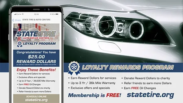 State Farm loyalty rewards ad on phone beside car headlights, with reward dollars and statefarm.org text