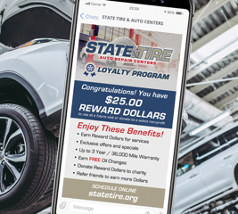 State Tire Auto Center loyalty program flyer on a phone screen, offering $25 reward dollars and service benefits
