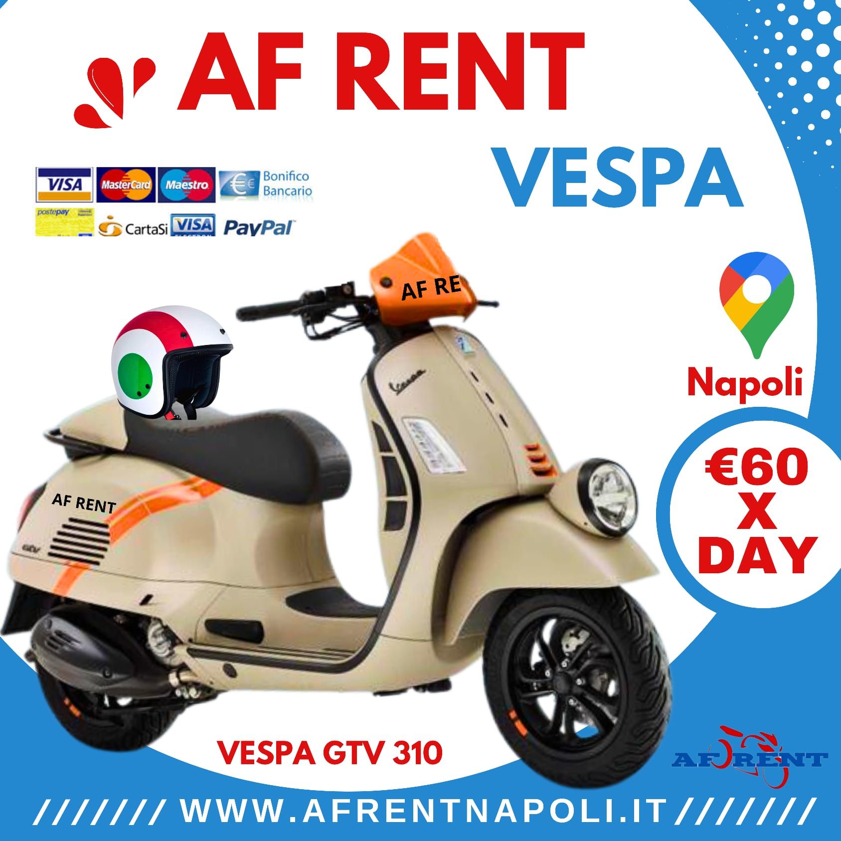 Rent Vespa Naples a powerful Vespa GTV 310 in Naples Central Station. High-performance scooter rental  €60 per day by AF Rent