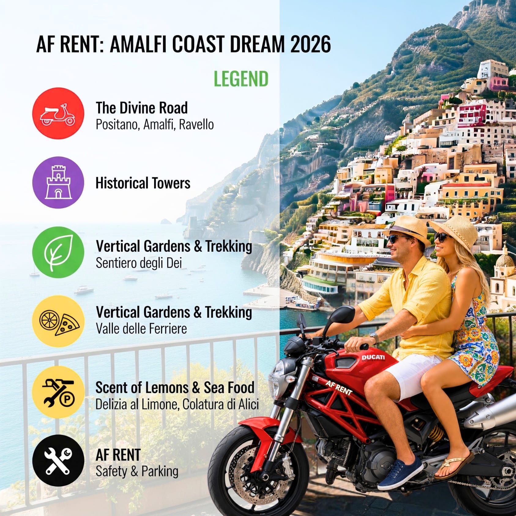 Free digital maps and itineraries for Amalfi Coast and Sorrento by Vespa. Recommended routes and scenic paths scooter