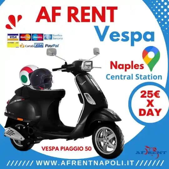Rent Vespa Naples Port-  Black Vespa Sprint 50 in Naples Central Station. AF Rental