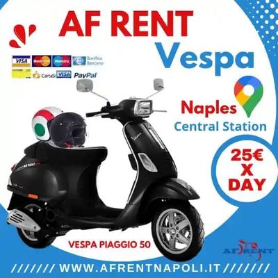 Rent Vespa Naples Port-  Black Vespa Sprint 50 in Naples Central Station. AF Rental