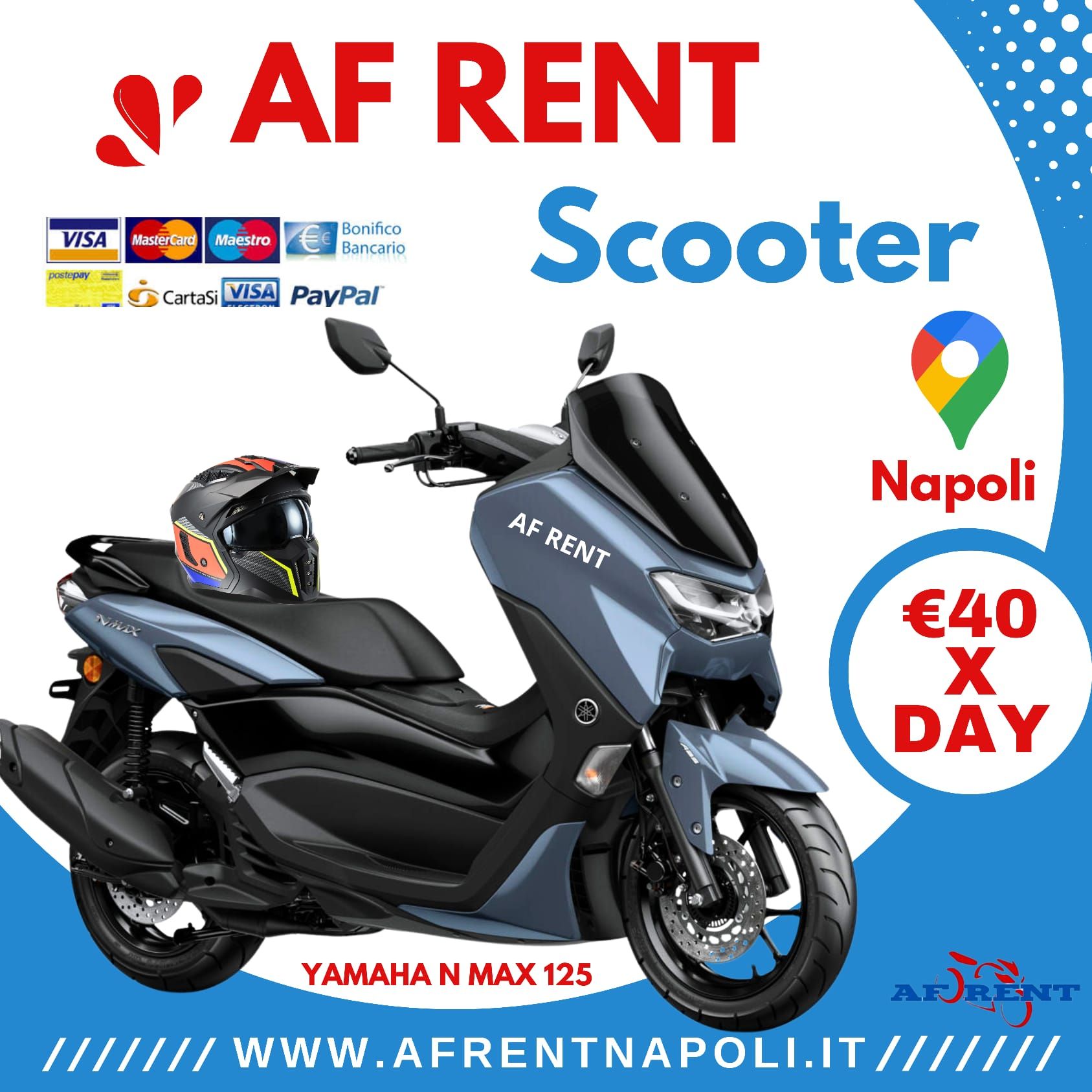 Rent a scooter in Naples - Yamaha N-Max 125cc available at AF Rent Naples, starting from €40 per day with digital tour map.