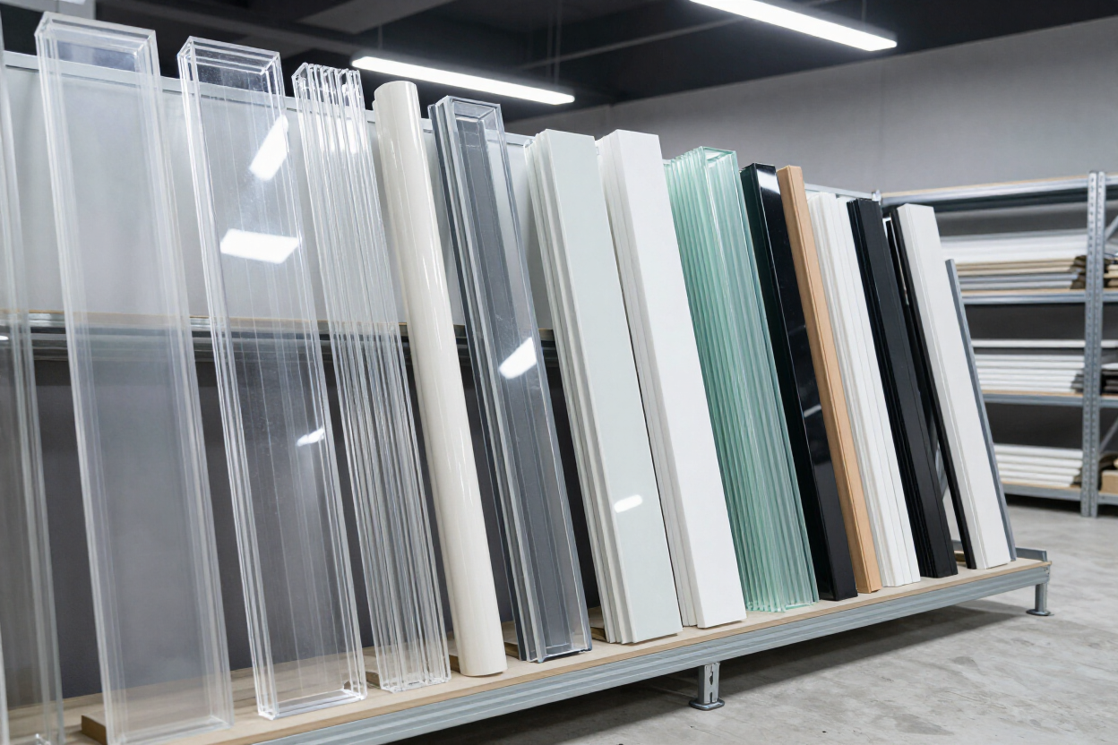 Barras, tubos y planchas plásticas organizadas para provisión técnica.