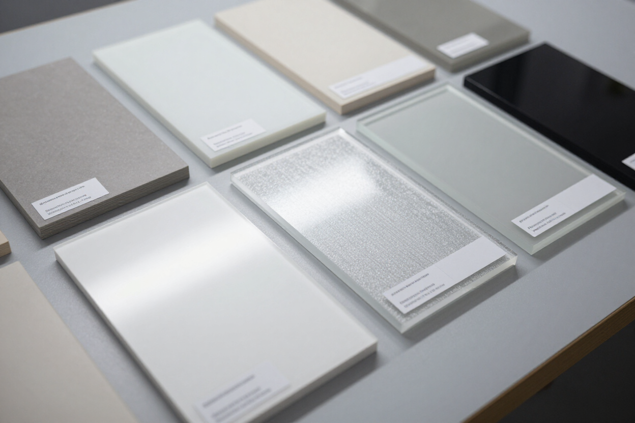 Tableros de muestra de materiales plásticos para especificación técnica y venta profesional.