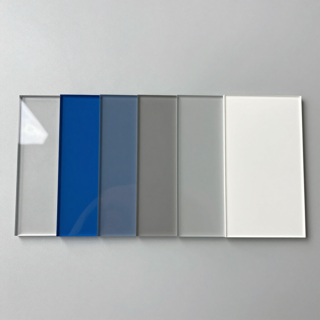 Seis muestras de color rectangulares brillantes, desde plata hasta blanco, sobre un fondo gris claro.