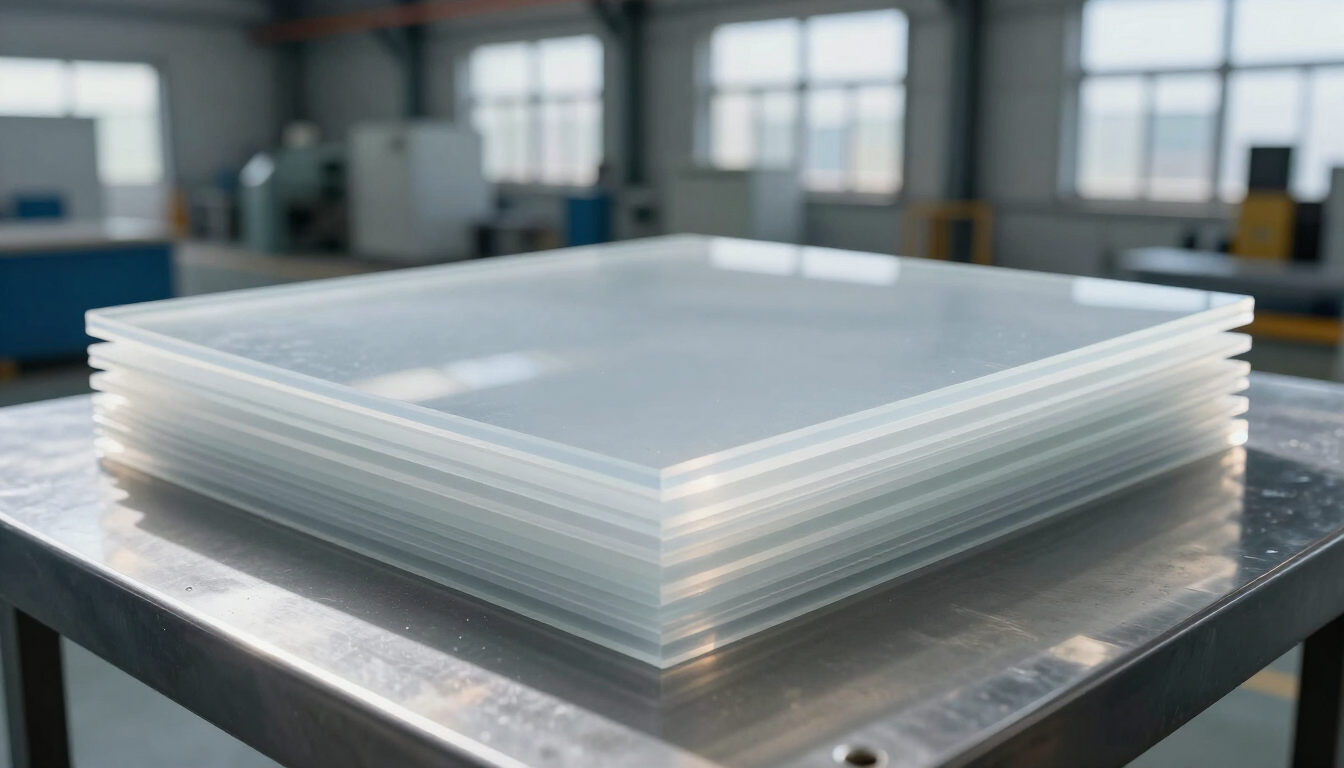 Pila de láminas de plástico transparente sobre una mesa de metal en un entorno de fábrica.