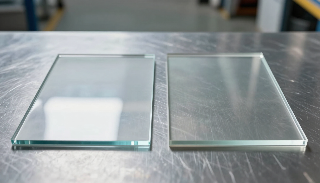 Dos paneles de vidrio rectangulares sobre una superficie metálica, uno más oscuro y otro transparente con un borde claro.