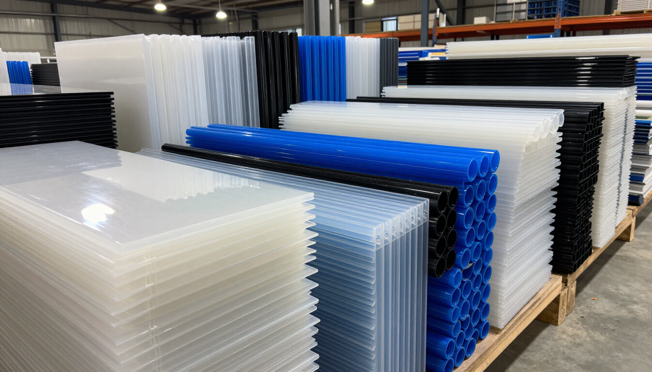 Pilas de láminas de plástico translúcido y paneles azules con estructura de panal almacenados en palés en un almacén.