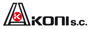 Logotipo de AKONI sc con texto negro y una K roja dentro de un emblema circular.
