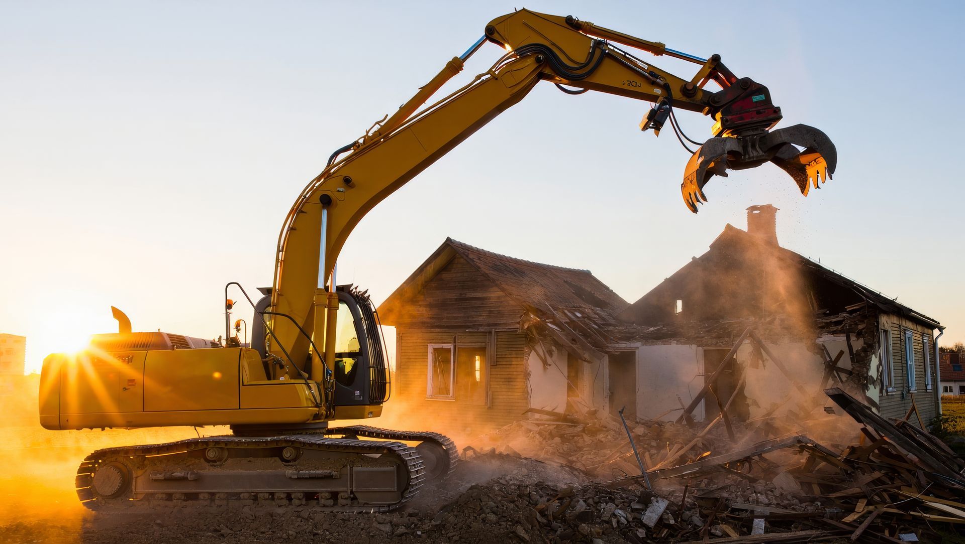 A yellow excavator is being used for a house demolition, breaking the concrete structure.