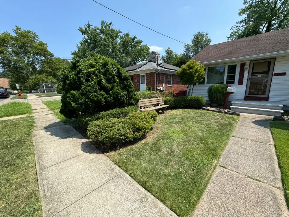 A house with a lawn and a sidewalk in front of it.