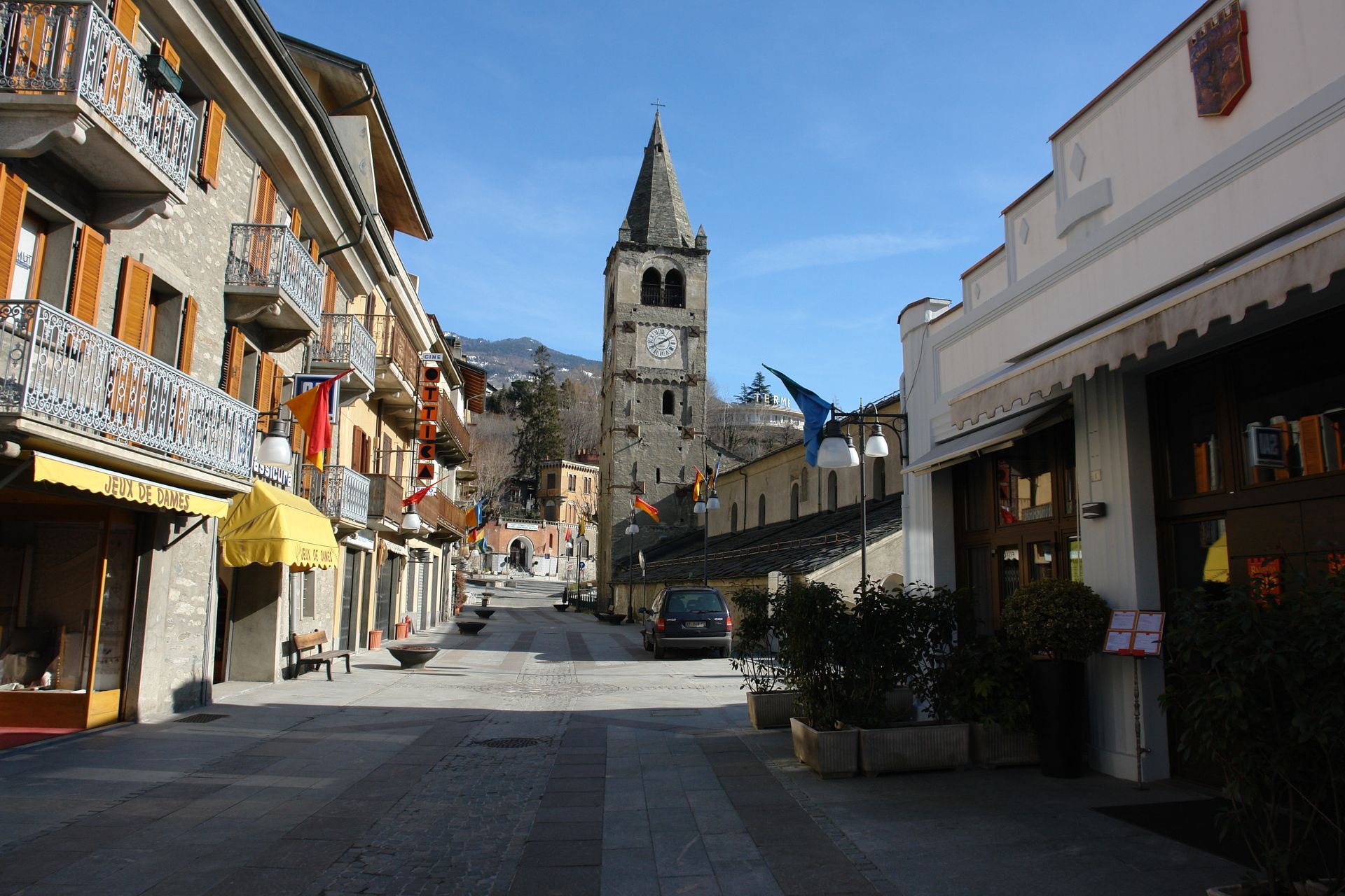 Via Chanoux in Saint-Vincent with the Church of San Vincenzo, Aosta Valley