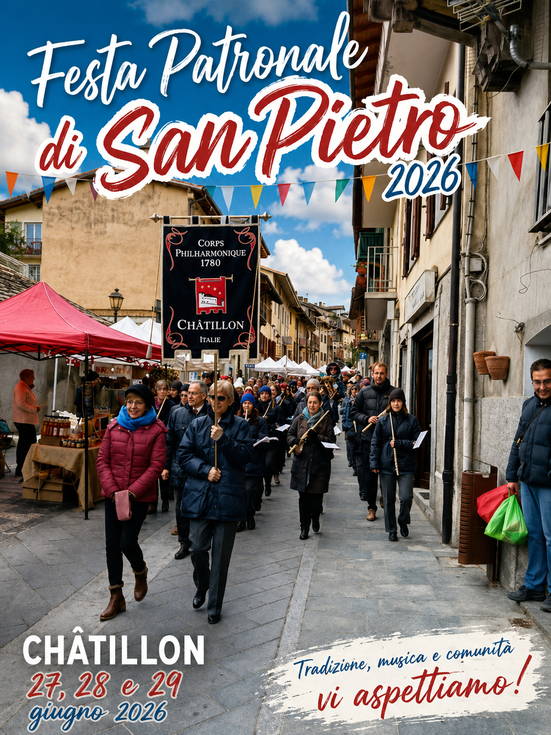 Locandina della Festa Patronale di San Pietro 2026 a Châtillon con programma di eventi, concerti, laboratori, attività per bambini, tornei sportivi e celebrazioni religiose dal 27 al 29 giugno.