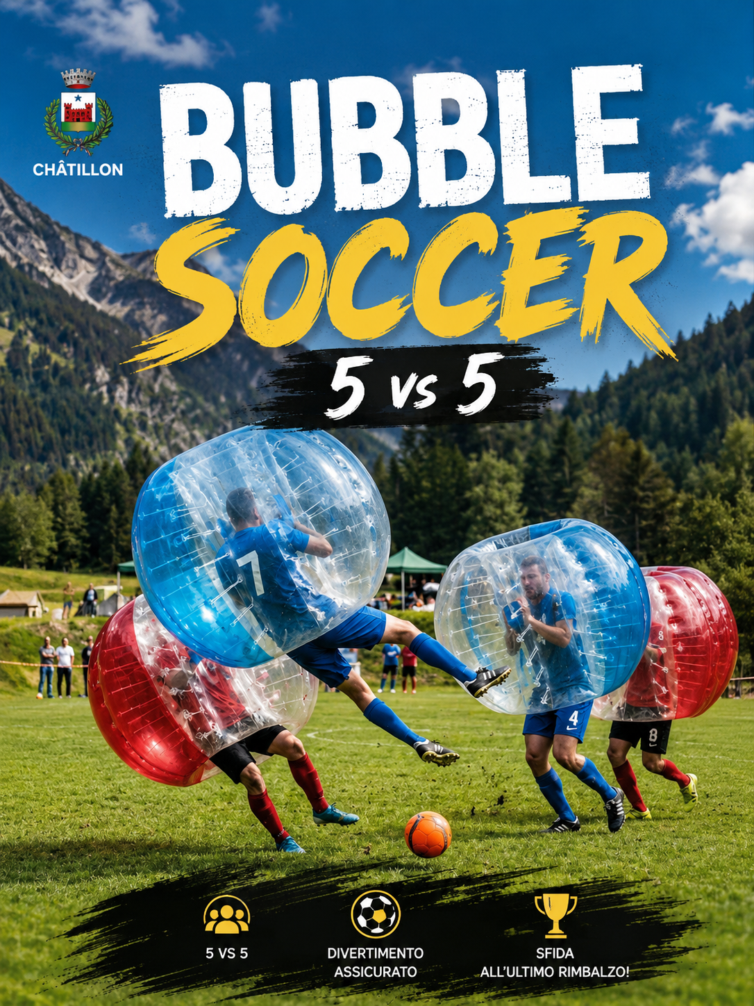 Locandina del torneo di Bubble Soccer a Châtillon durante la Festa Patronale di San Pietro 2026, con partite 5 contro 5, iscrizione gratuita e attività all'Area Verde Perolles.