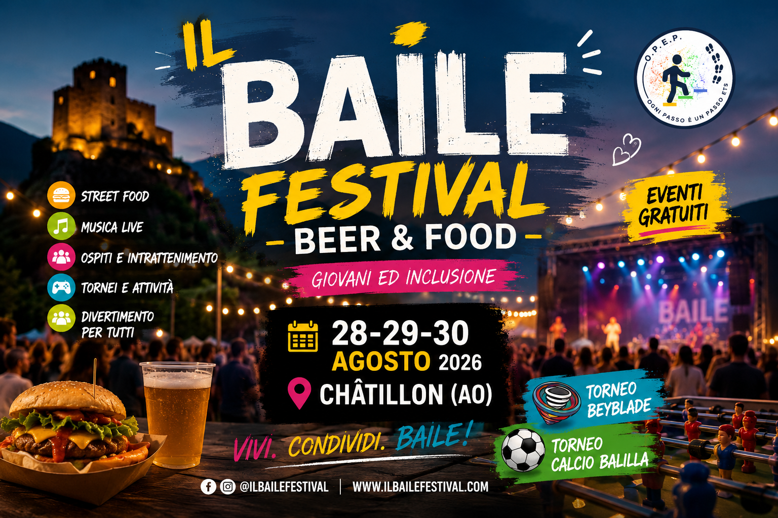 Rappresentazione del Baile Festival a Châtillon con stand gastronomici, musica, giochi e persone riunite in un'atmosfera di festa estiva.