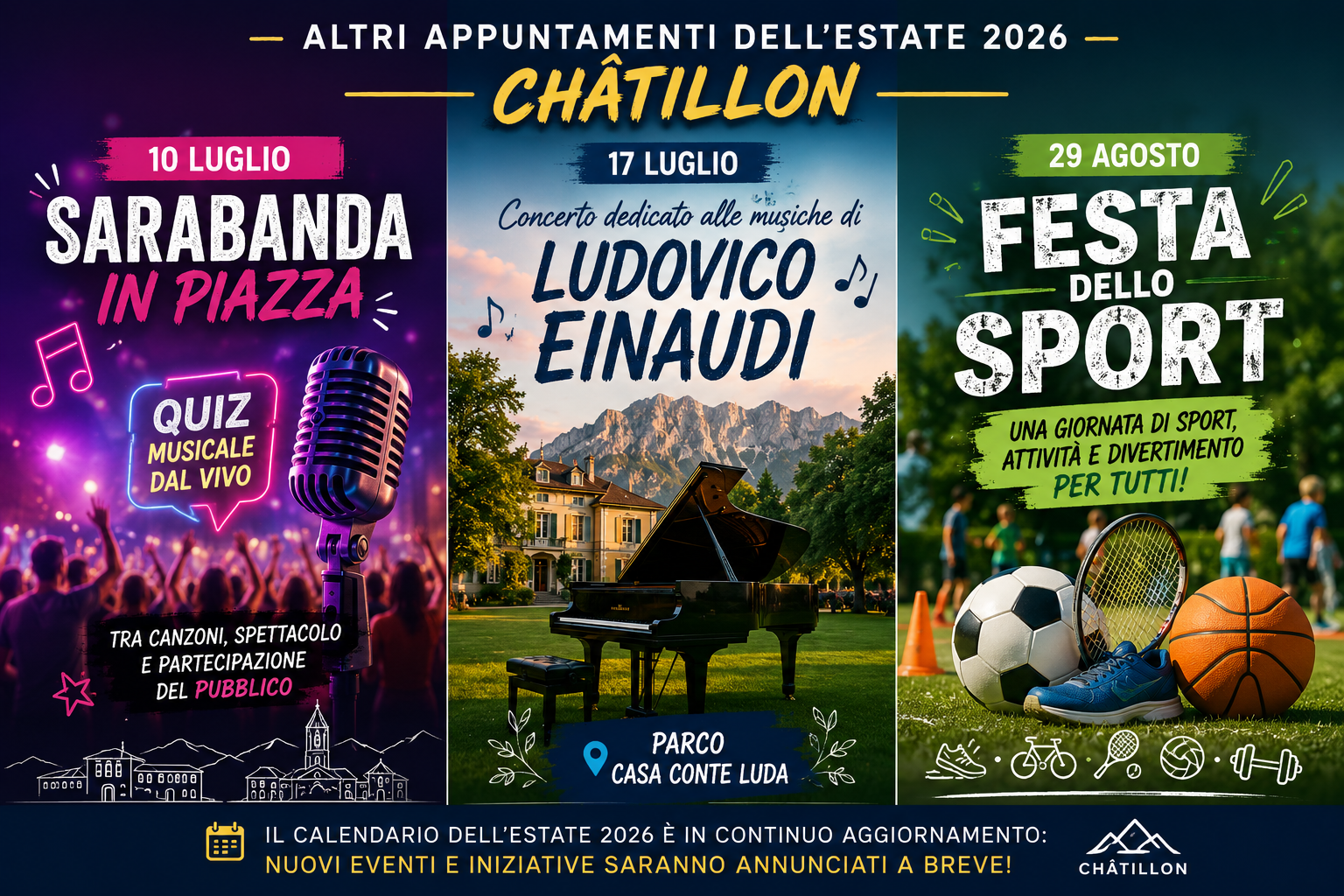 Collage dedicato agli altri eventi dell'estate 2026 a Châtillon con Sarabanda in Piazza, concerto tributo alle musiche di Ludovico Einaudi e Festa dello Sport.