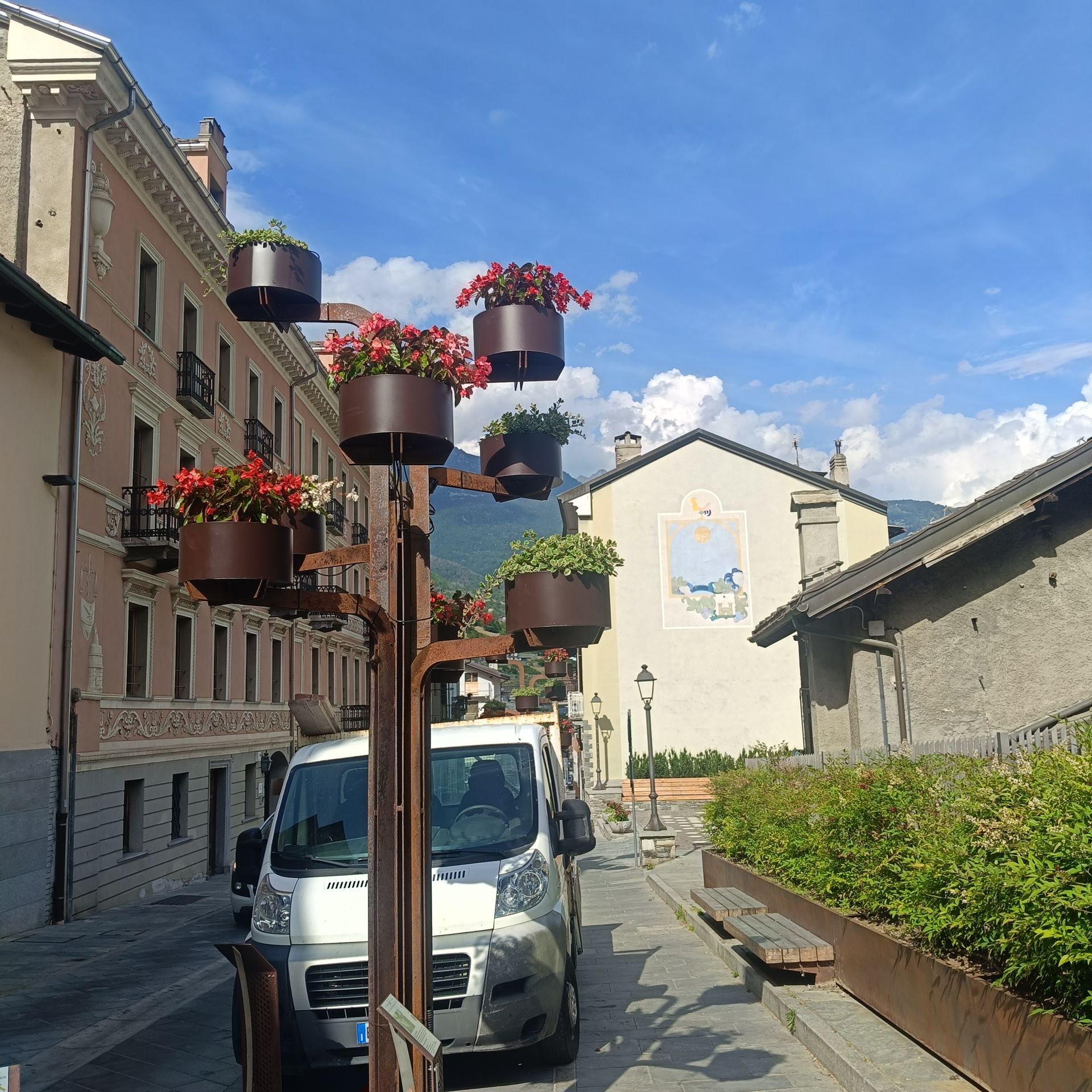 Flower-lined Via Chanoux in Châtillon during spring and summer