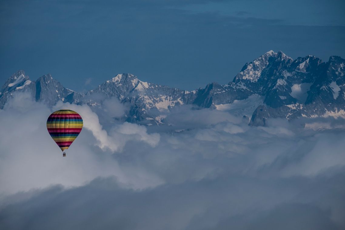 Aerial view of Mont Blanc and Alpine valleys from a hot air balloon