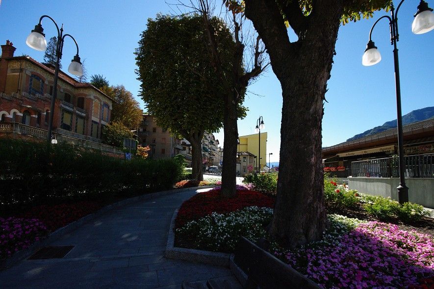 Flower-filled square at the Saint-Vincent funicular station, Aosta Valley