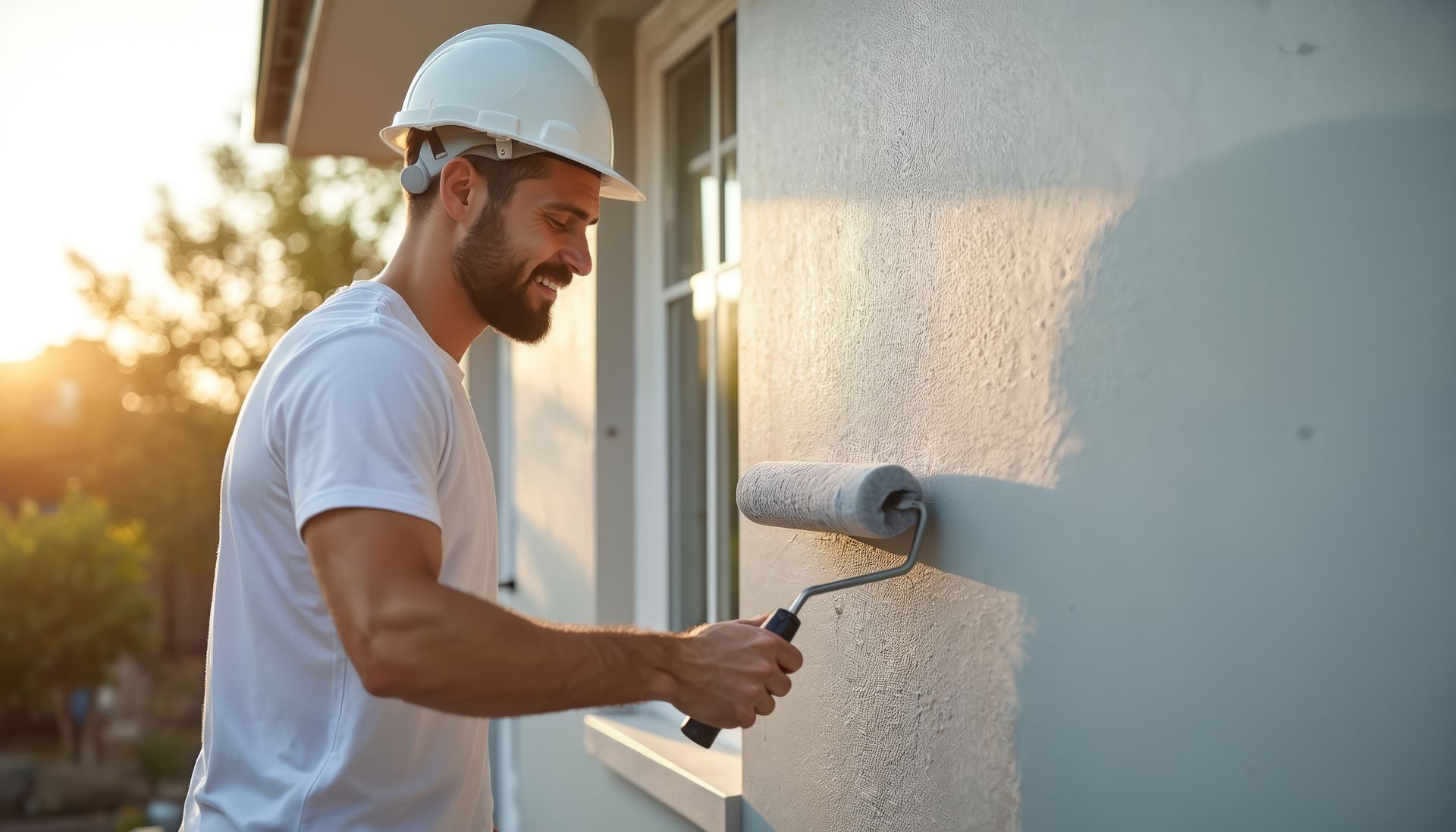 Man in hard hat paints exterior wall with a roller, smiling in the sunlight.