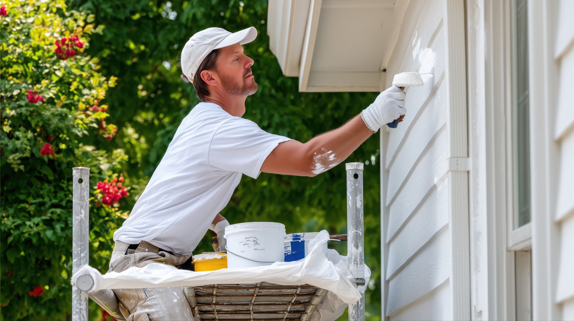 Painter on a scaffold, wearing white, painting a house exterior in sunlight.