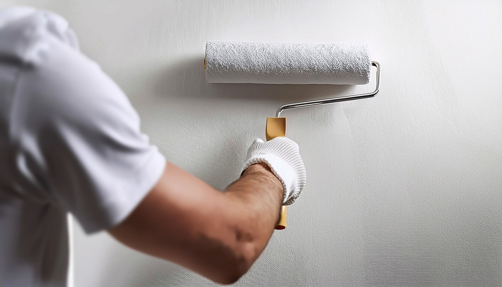 Person painting a white wall with a paint roller, wearing gloves.