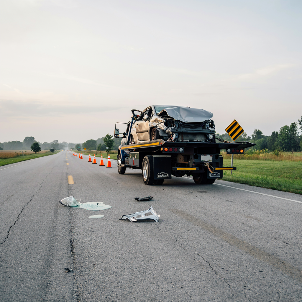 Wrecked car on a tow truck amid debris on a rural road with traffic cones