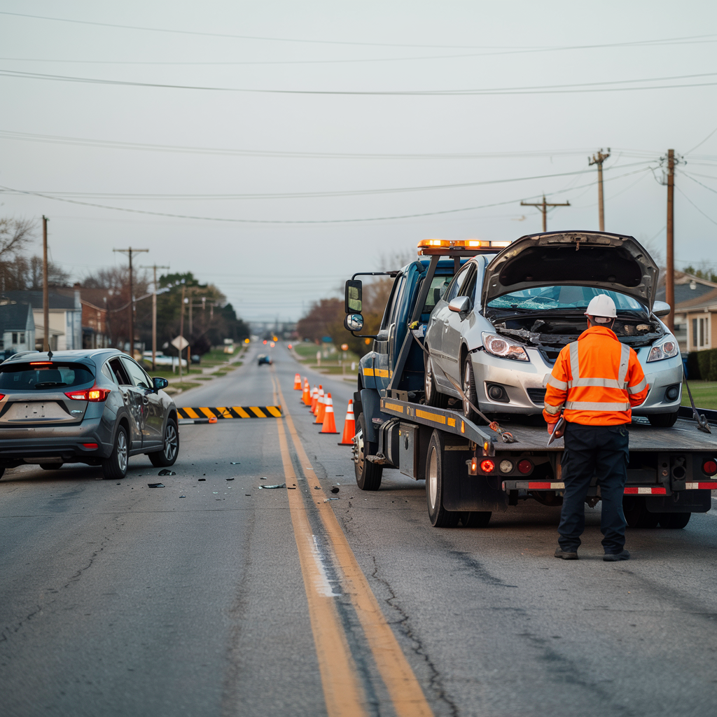 Tow truck worker in orange vest loading a wrecked car on a road with police cones and stopped traffic