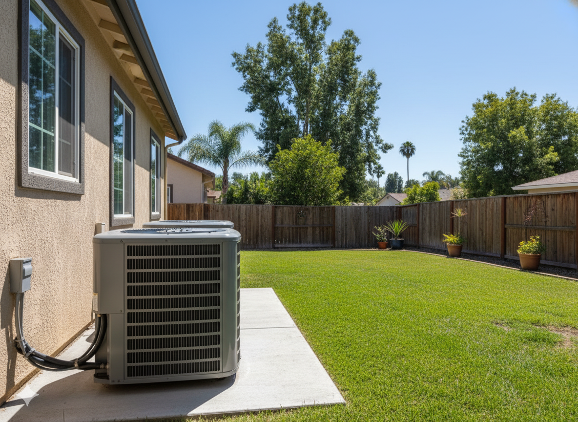 Two air conditioning units near a house with gray siding, flowers, and a white fence.
