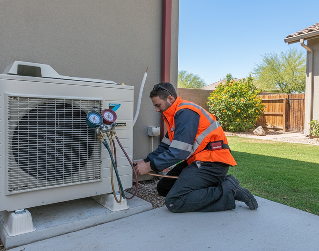 HVAC technician kneeling to work on an air conditioner outside. He wears an orange vest, and the unit has gauges attached.