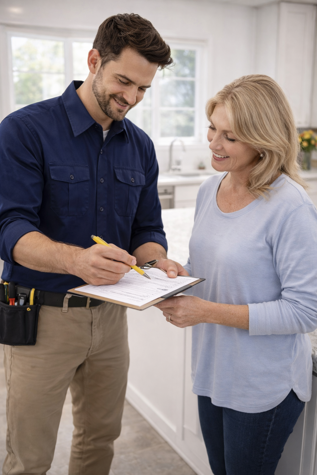 Man in blue shirt points at clipboard held by woman in light blue sweater in a kitchen.