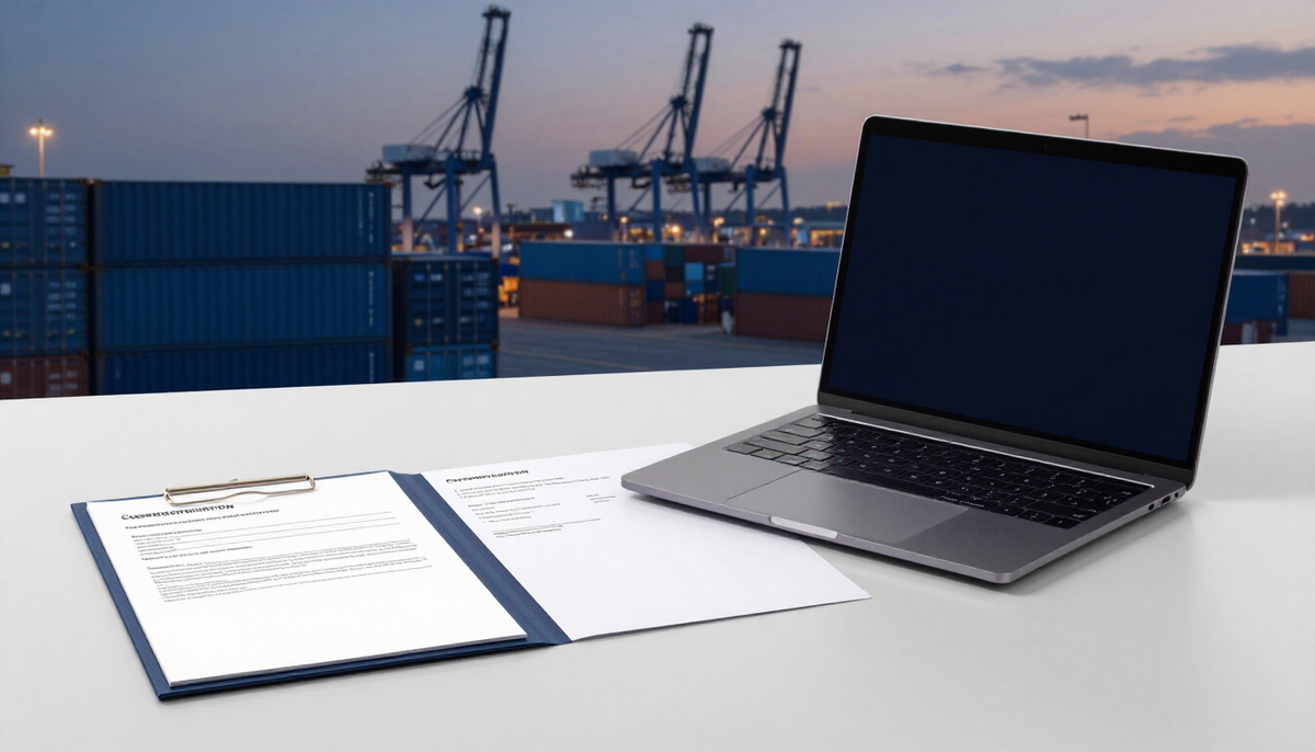 Customs documents and a laptop in front of a container port at dusk