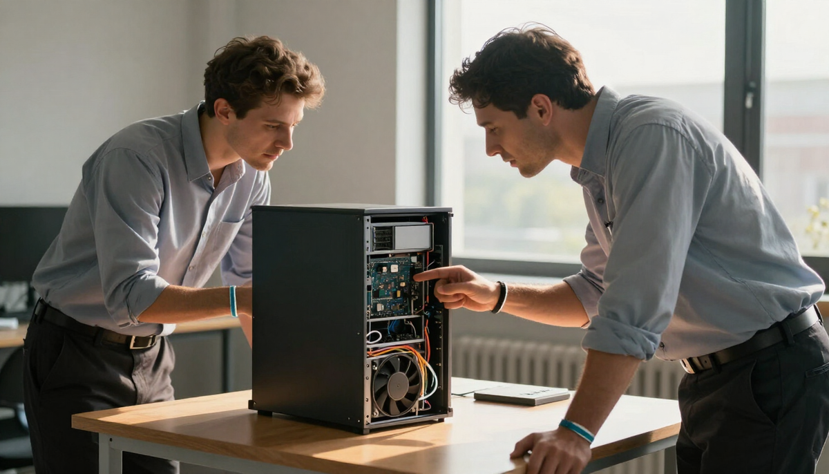 Two engineers reviewing a disassembled 1U server on a wooden table by a tall window in late afternoon light