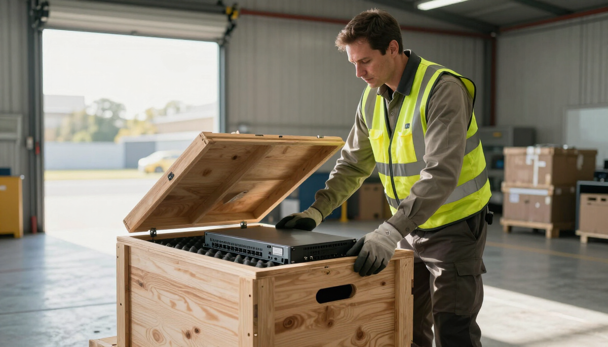 Customs inspector opening a wooden crate holding a network switch in a cargo shed lit by daylight from a roller door