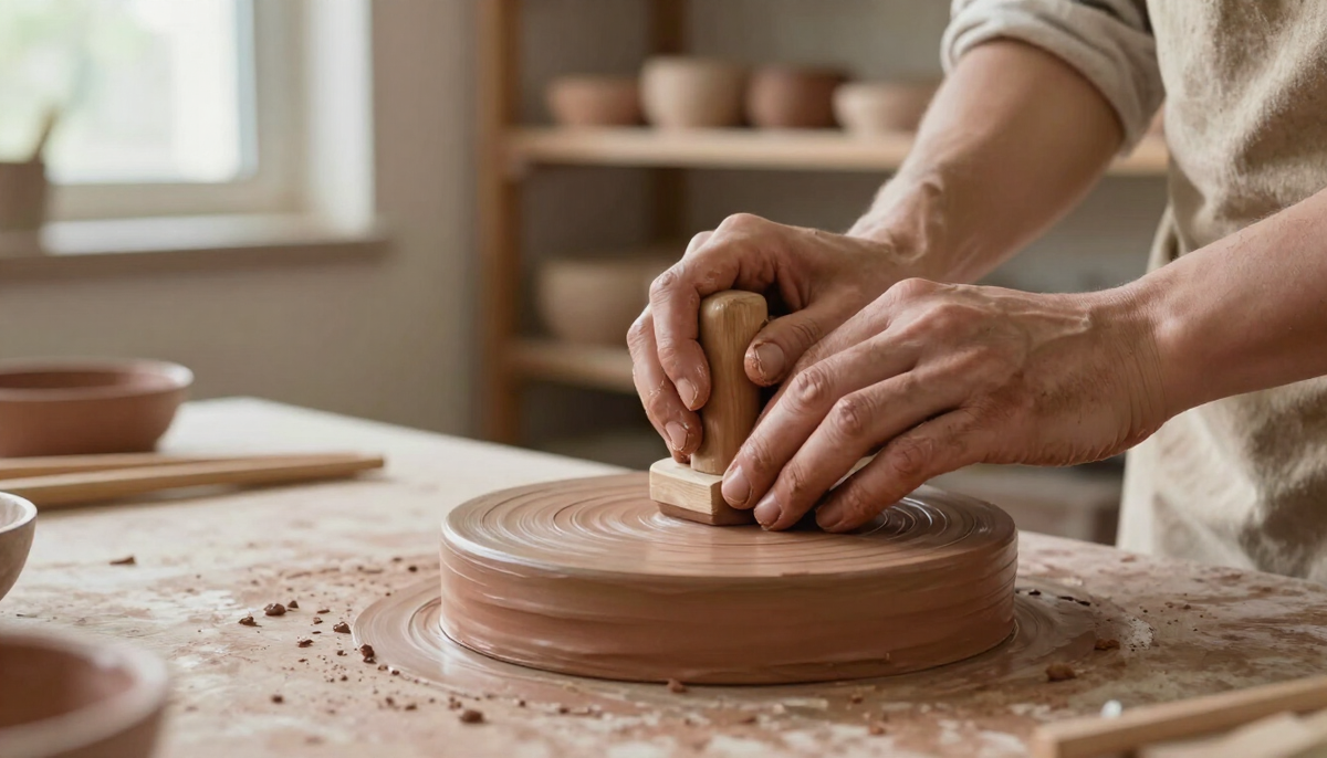 Potter's hands pressing a round blank seal into wet terracotta clay under soft window light, a maker's mark like CE marking