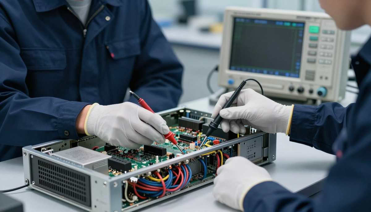 Engineer measuring a server power supply with an oscilloscope probe on a bench, part of CE marking for IT equipment