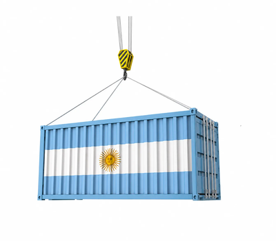 Shipping container with the Argentina flag hanging from a crane hook