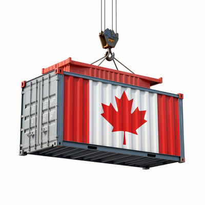 Shipping container with the Canada flag hanging from a crane hook