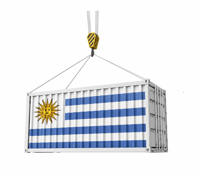 Shipping container with the Uruguay flag hanging from a crane hook