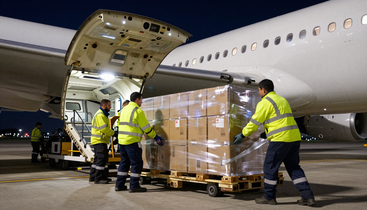 Air cargo handlers guiding a wrapped pallet of IT equipment into the hold of a freighter aircraft at night under floodlights