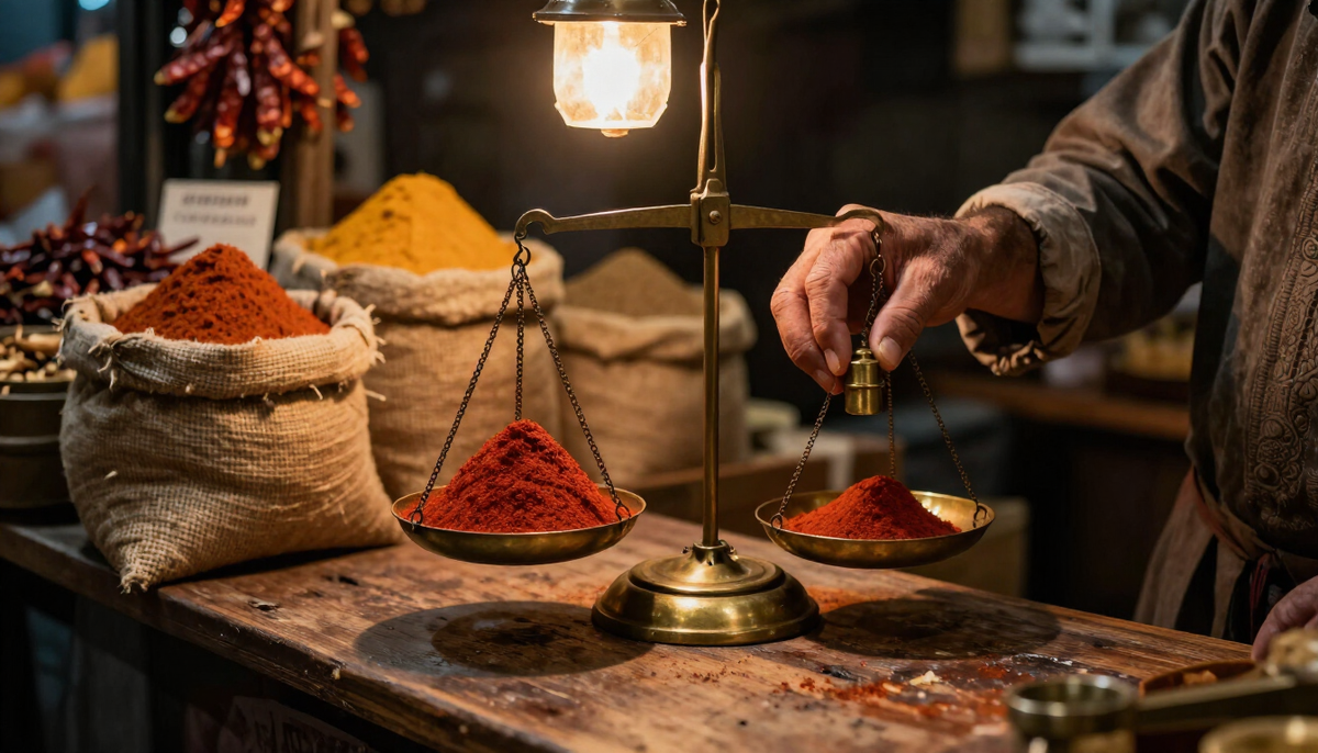 Brass two-pan balance at a night spice stall with hands adding a weight, a picture of customs valuation for IT hardware