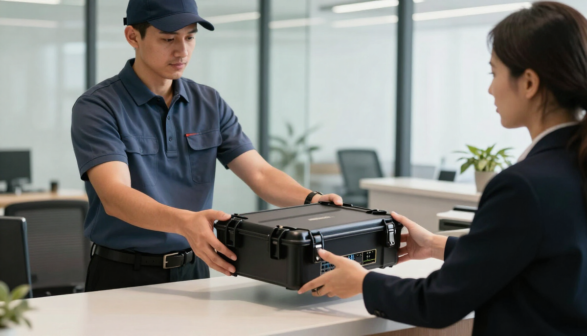Courier handing a sealed hard case of network hardware across the reception desk of a regional office in bright morning light