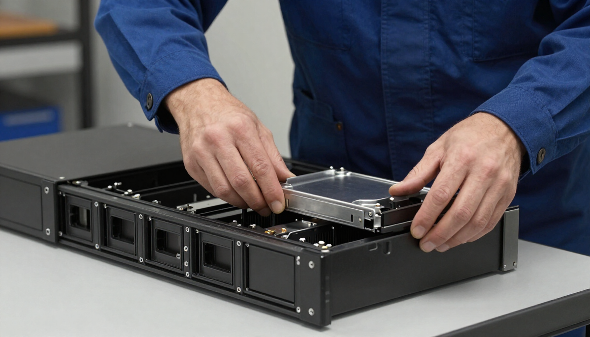 Engineer sliding a replacement drive tray into an open storage server on a service bench, close view of hands and drive bays