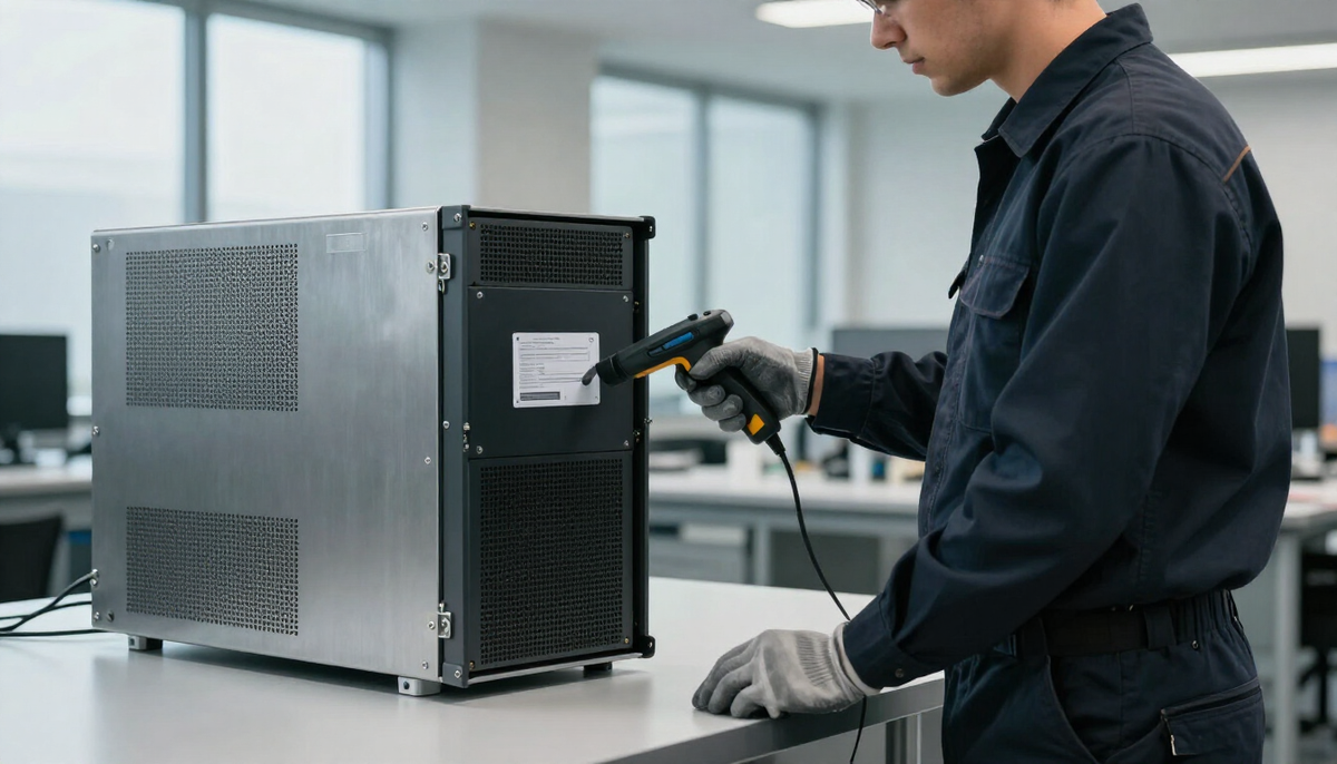 Receiving technician scanning the serial label on a new rack server chassis at an inspection bench under cool daylight